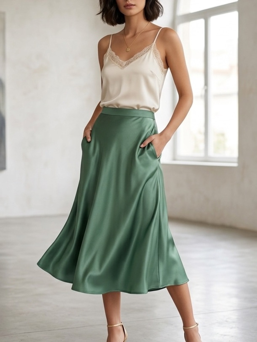 Rachel Zoe New York satin green flowy midi skirt size 8 - Picture 1 of 6